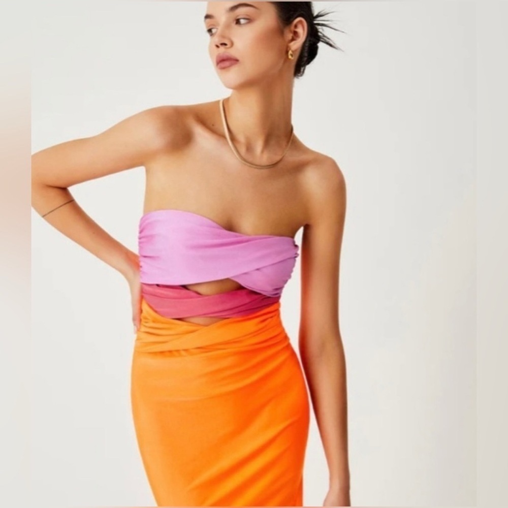 NWT Commense Bright Pink Orange Colorblock Cut Out Tube Top Mermaid Dress resort - Picture 3 of 8